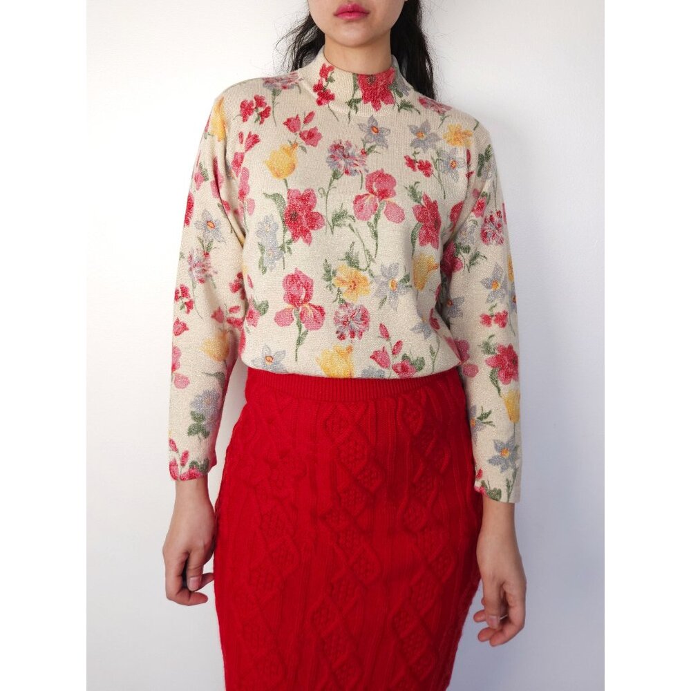 Vintage sparkly floral mock neck wool fine knit sweater women